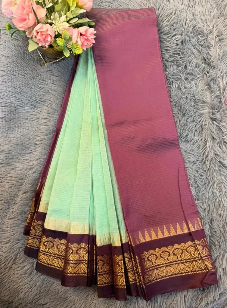 2026 Pista Body With Purple Border Gadwal Cotton Saree