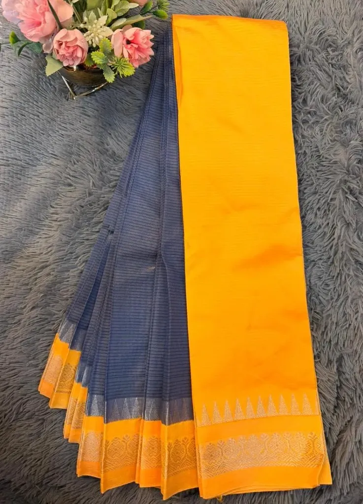2026 Grey Body With Yellow Border Gadwal Cotton Saree