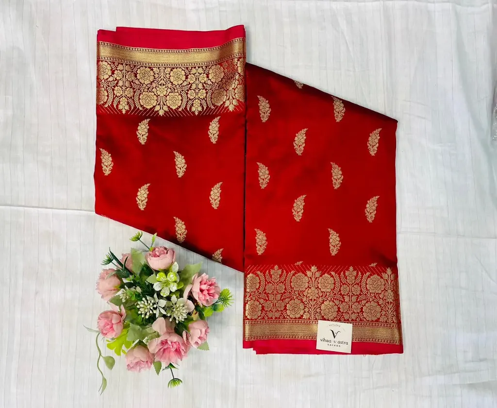 VVS093 Red Body With Gold Zari Work Banaras Soft Silk Saree