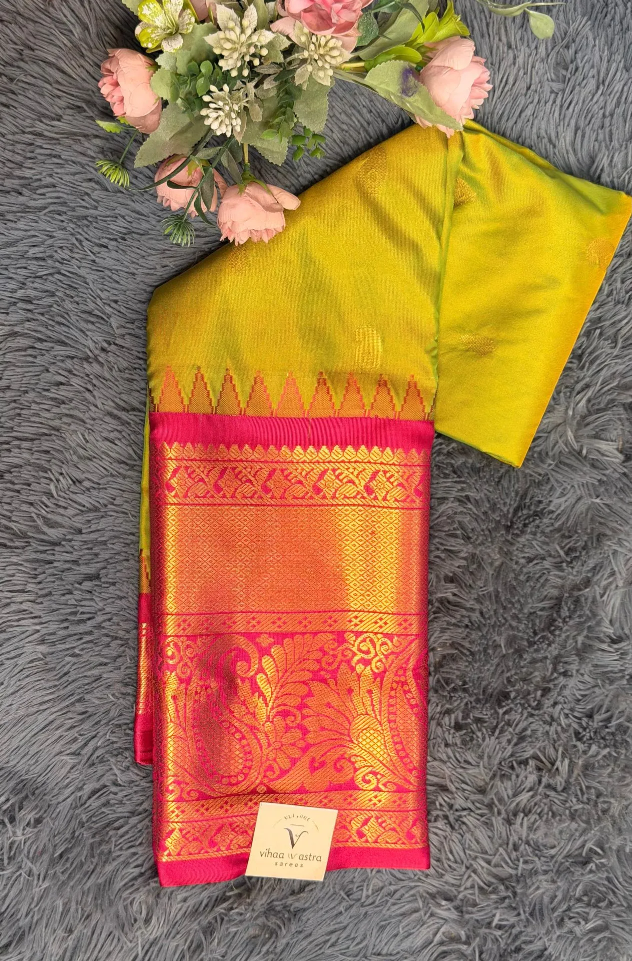 VV2499 Yellow Body With Pink Border Semi Gadwal Saree