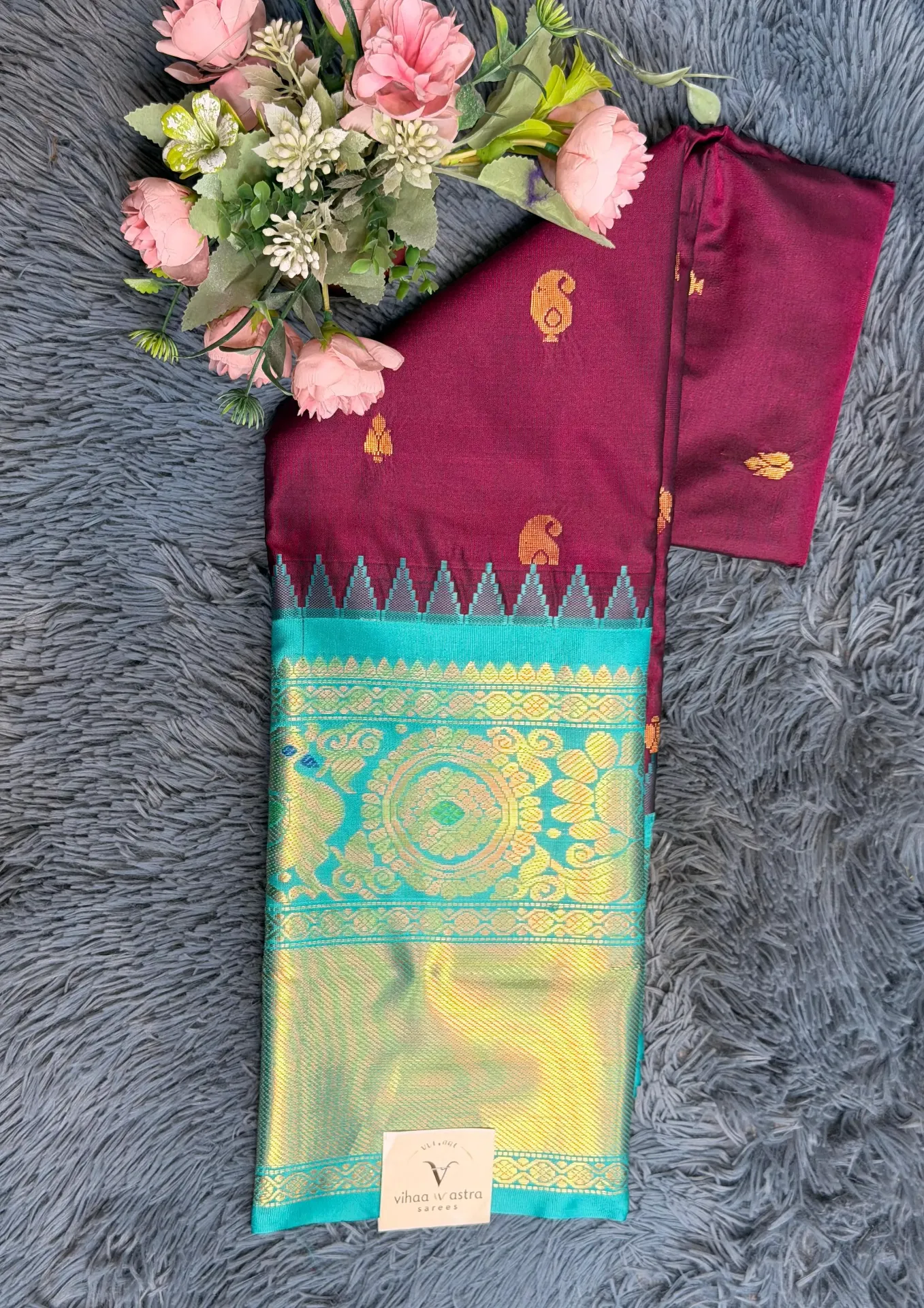 VV2499 Maroon Body With Turquoise Blue Semi Gadwal Saree