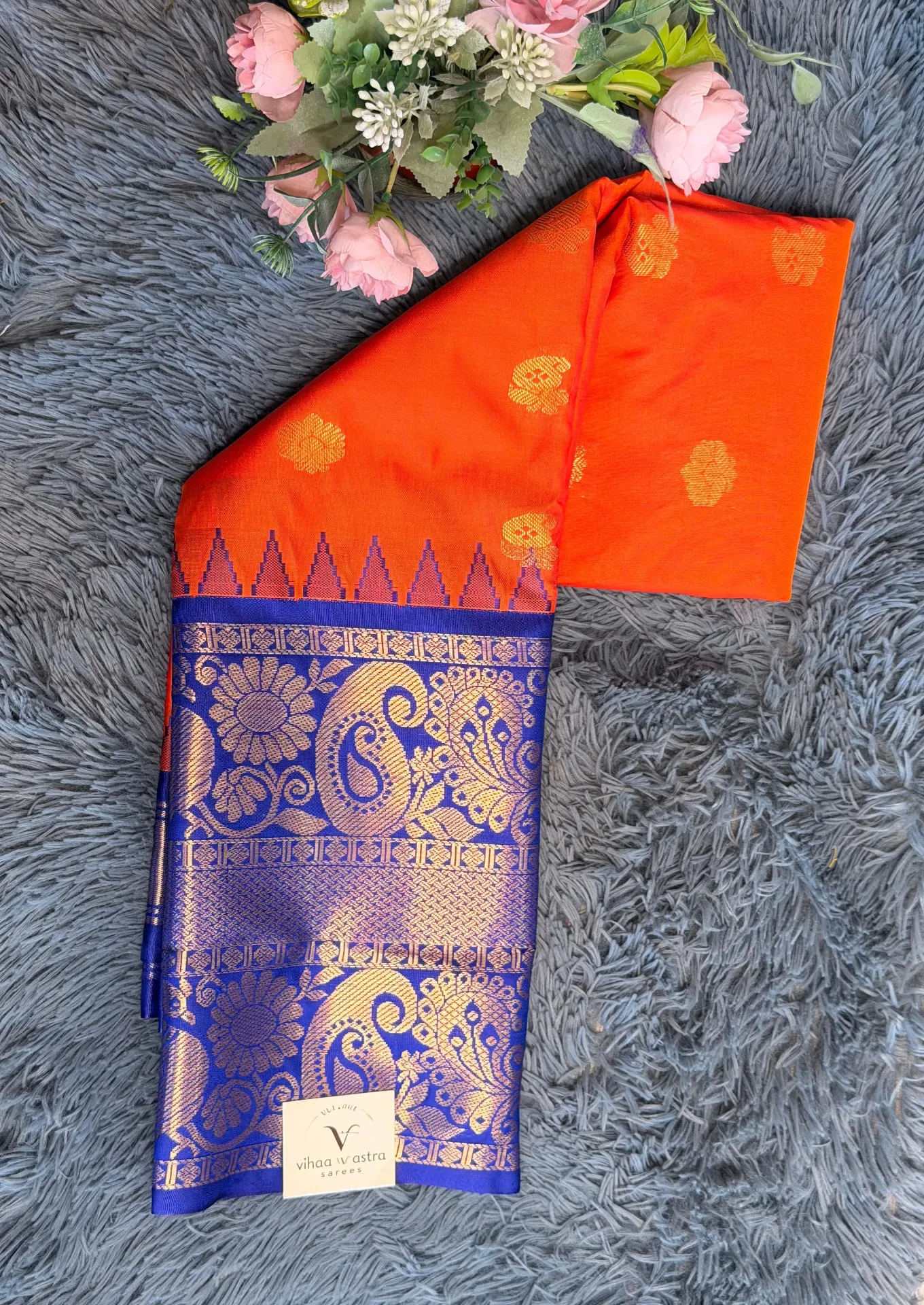 VV2499 Orange Body With Blue Border Semi Gadwal Saree