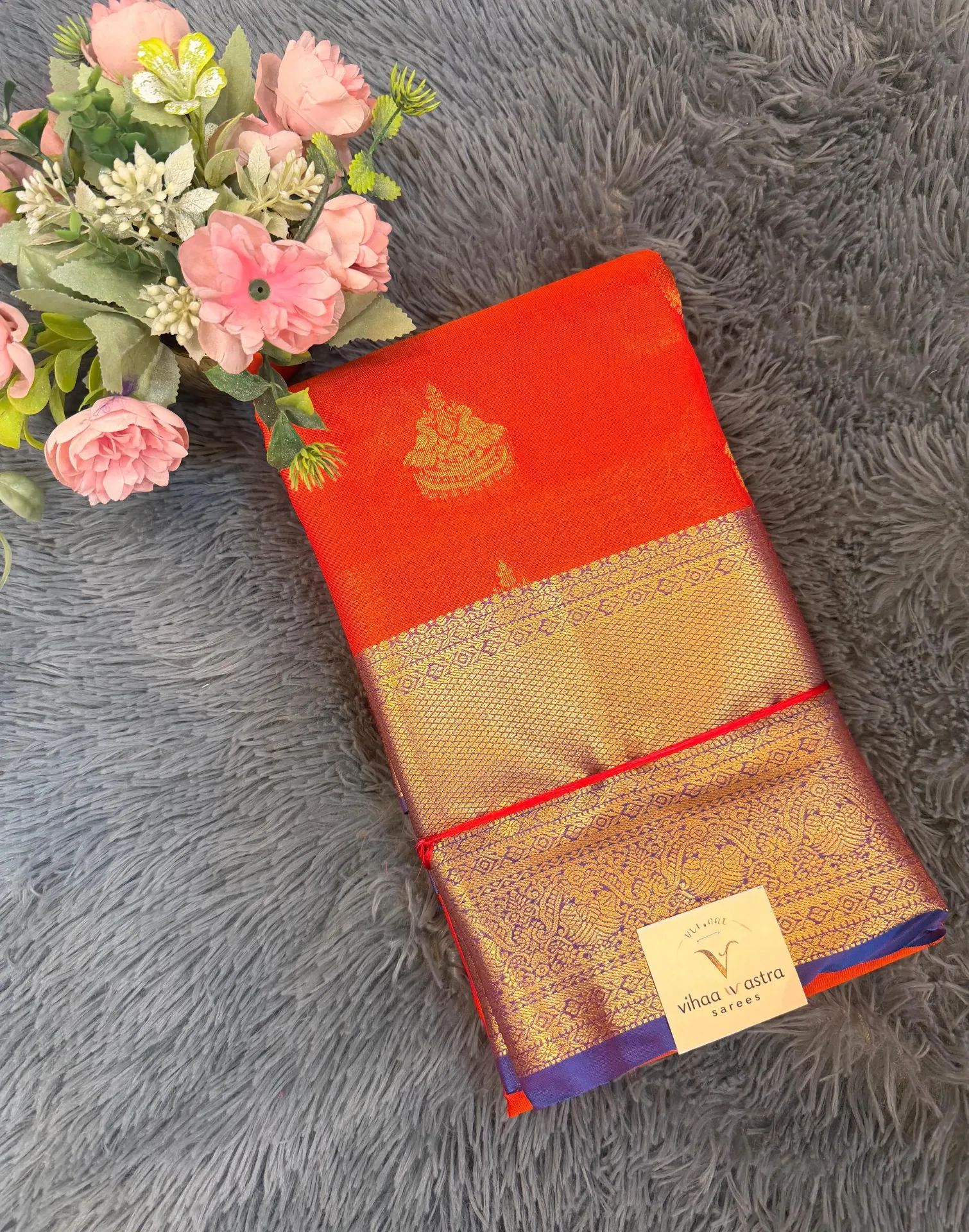 VV3499 Orange Body With Blue Border Semi Kanchipattu Saree