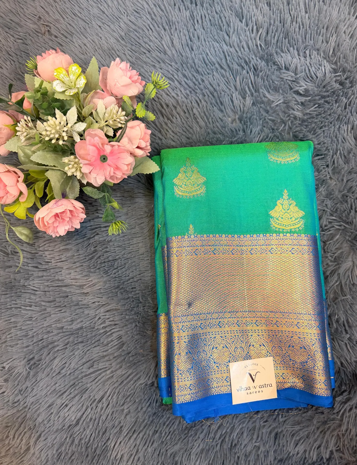 VV3499 Turquoise Blue With Blue Border  Semi Kanchipattu Saree