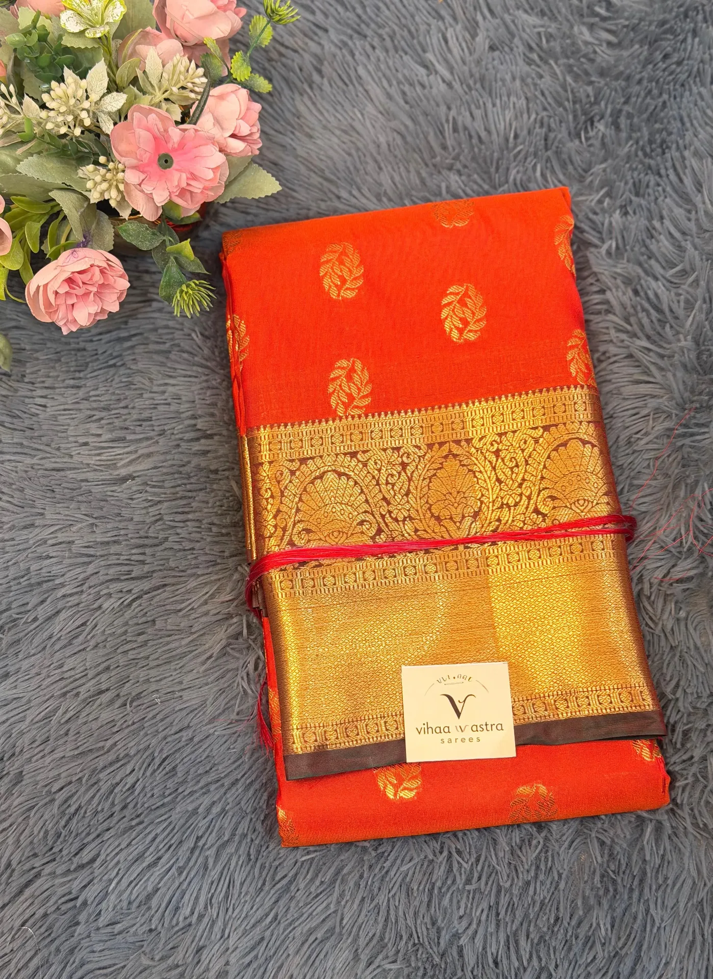 VV3499 Orange Body With Brown Border Semi Kanchipattu Saree