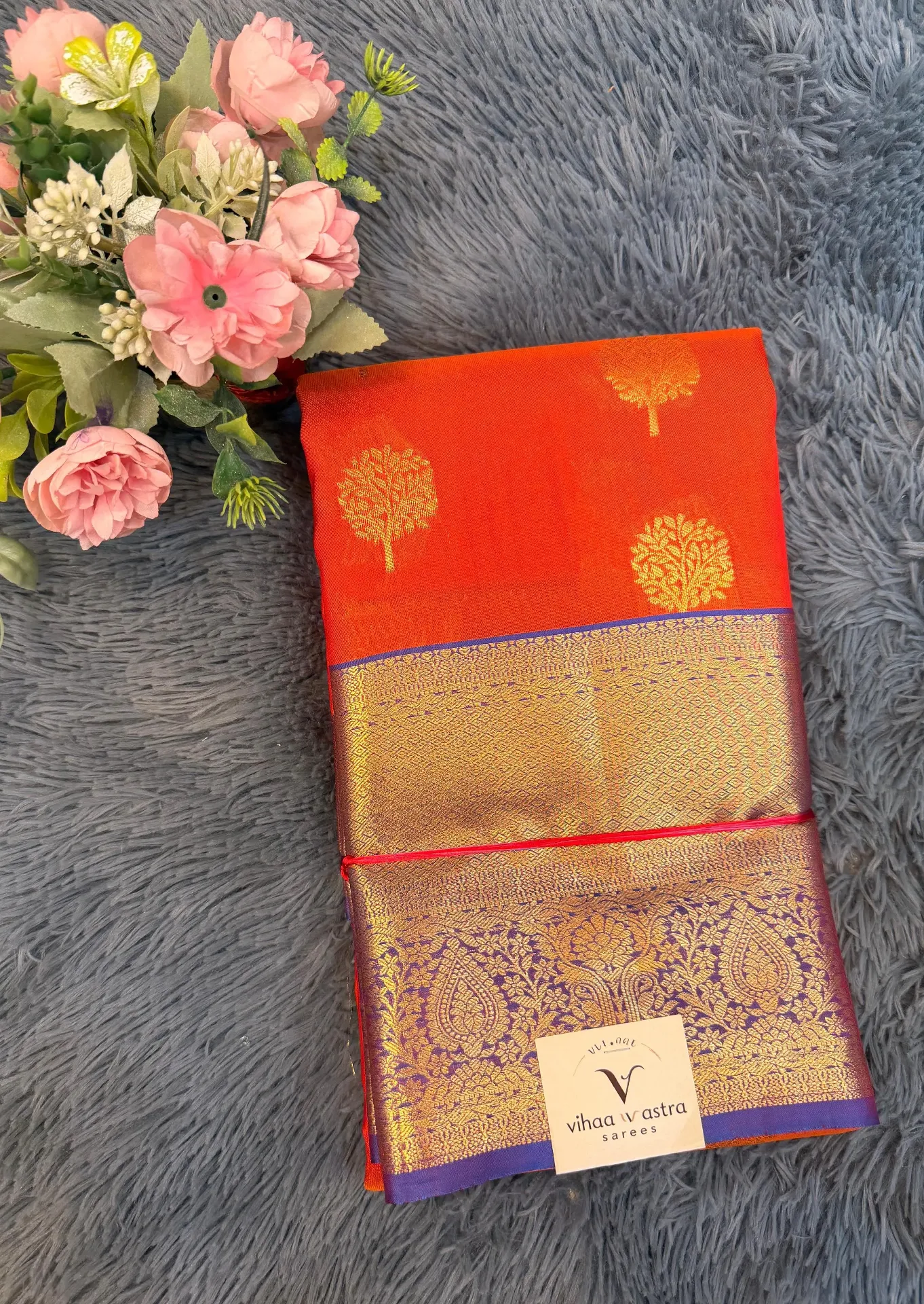 VV3499 Orange Body With Voilet Border Semi Kanchipattu Saree