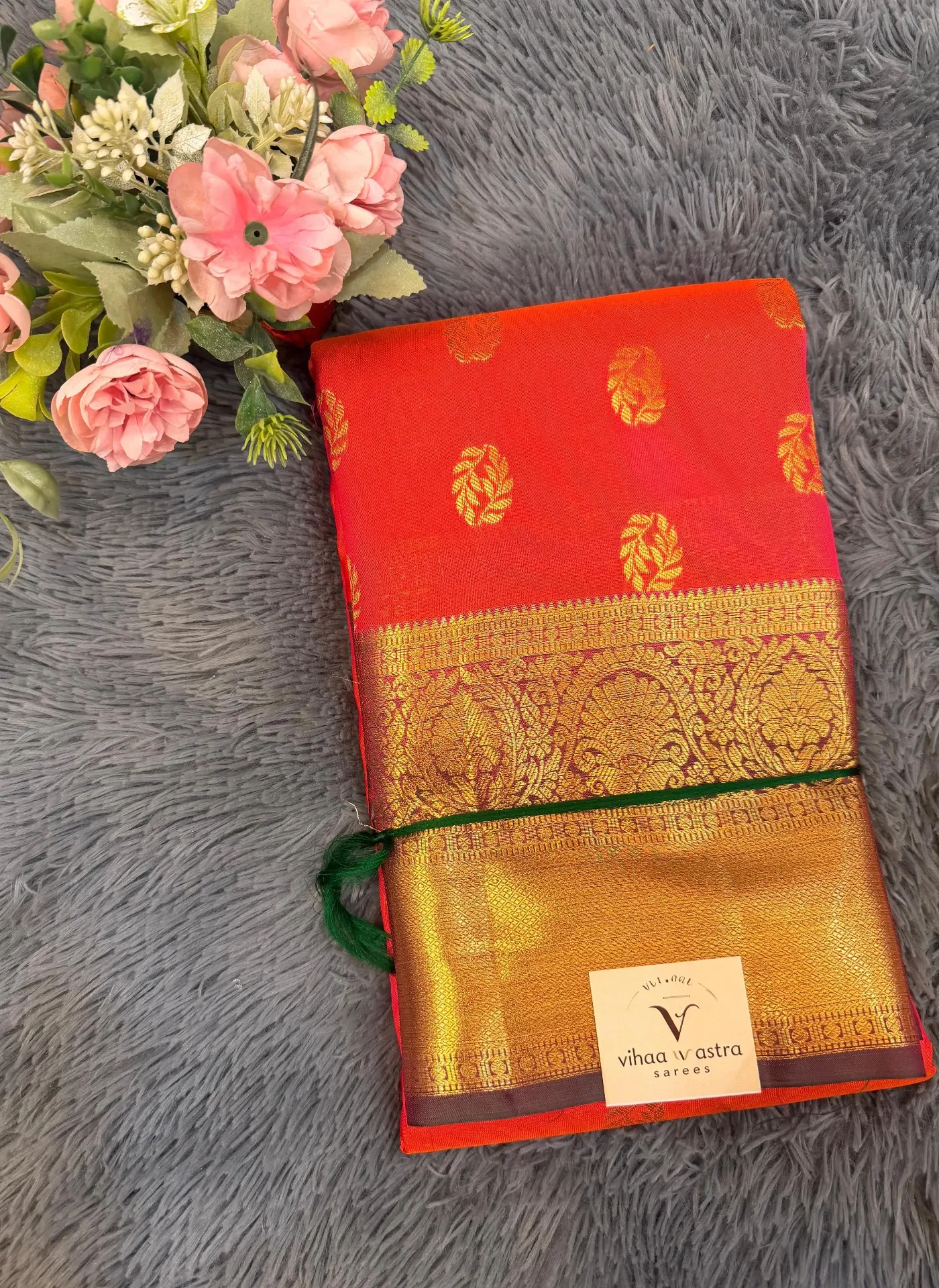 VV3499 Red Body With Brown Border Semi Kanchipattu Saree