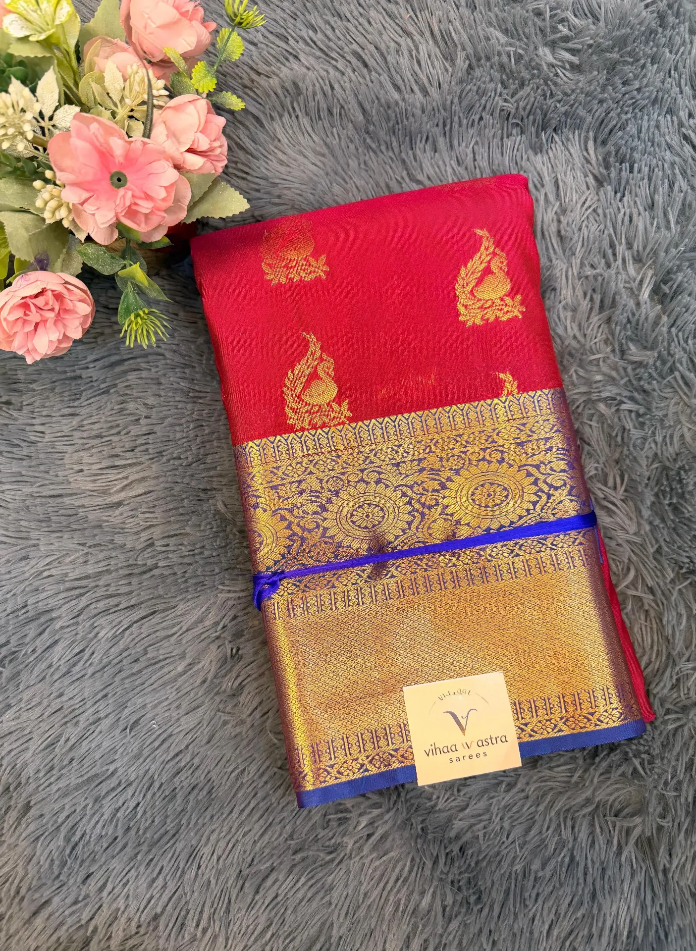 VV3499 Pink Body With Blue Border Semi Kanchipattu Saree