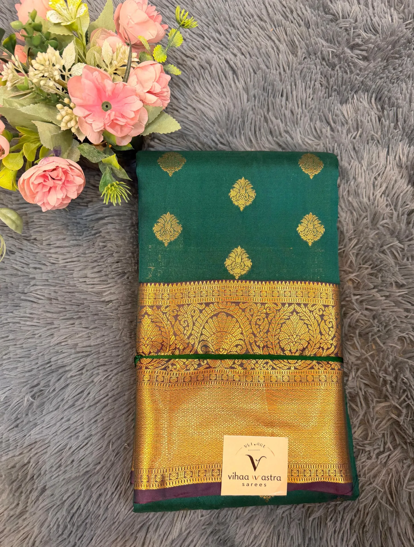 VV3499 Dark Green With Purple Border Semi Kanchipattu Saree