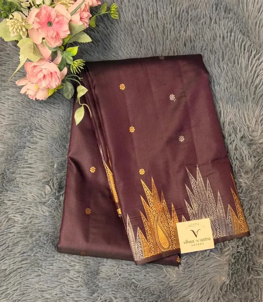 VV2499 Brown With Gold And Silver Zari Work Uppada Pattu Saree