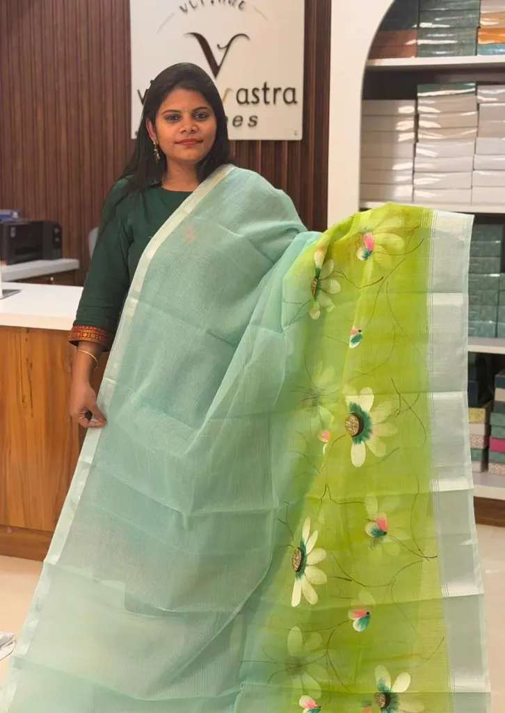 VV2200 Sky Blue And Light Green With Silver Zari Border Kota Cotton Saree