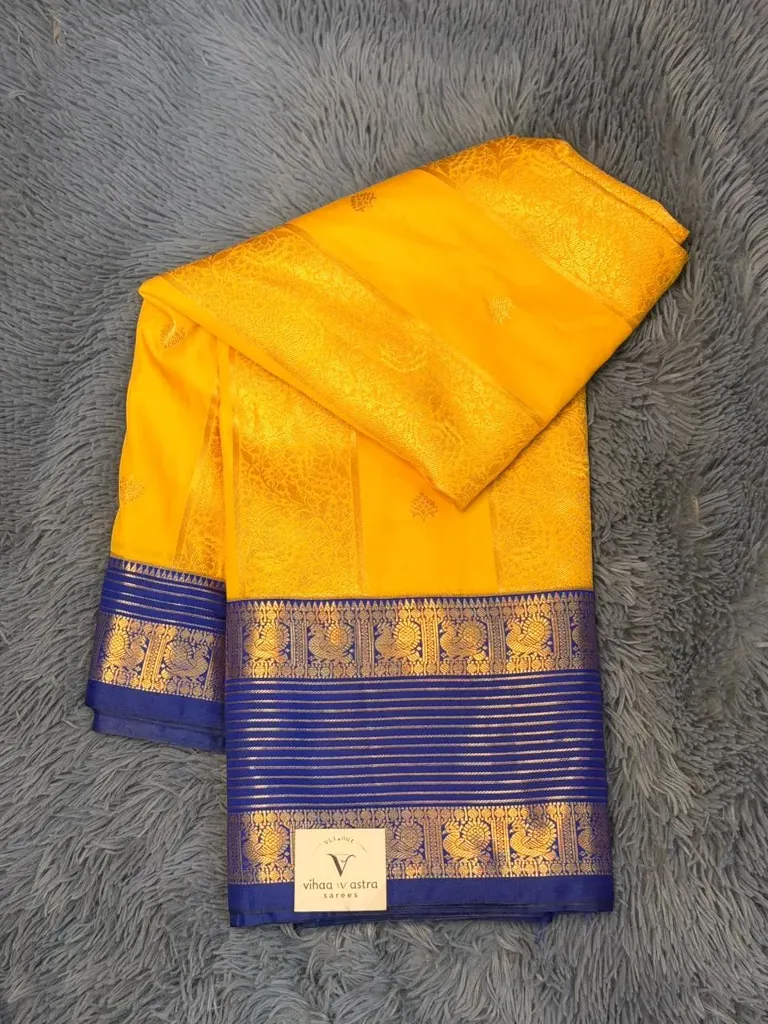 VV34999 Yellow Body With Blue Border Kanchipattu Saree