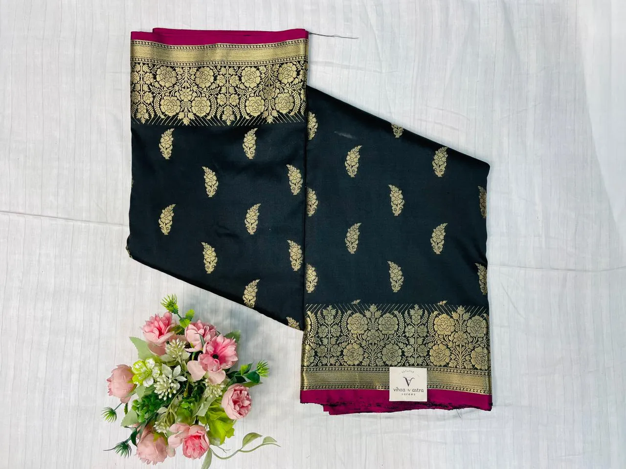 VVS093 Black Body With Gold Zari Work Banaras Soft Silk Saree