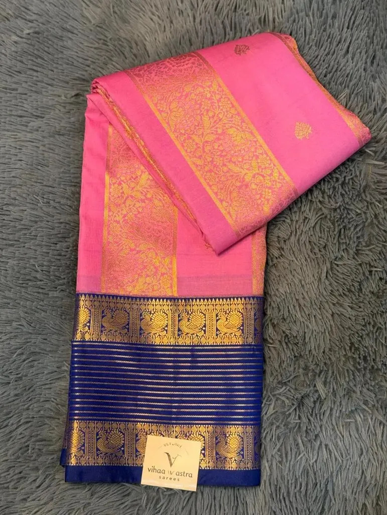VV3499 Baby Pink Body With Blue Border Kanchipattu Saree
