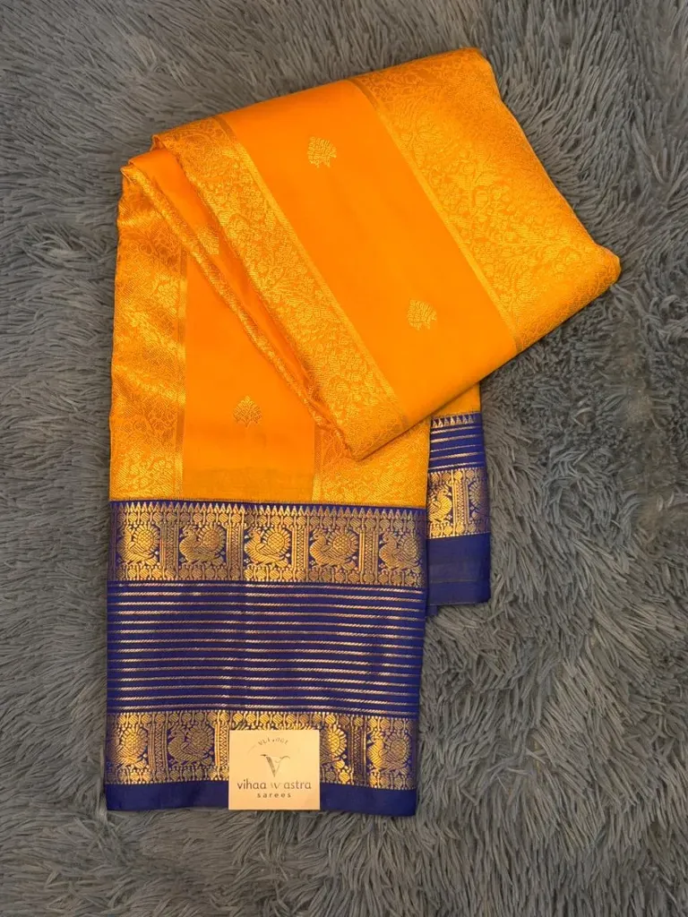 VV3499 Dark Yellow Body With Blue Border Kanchipattu Saree