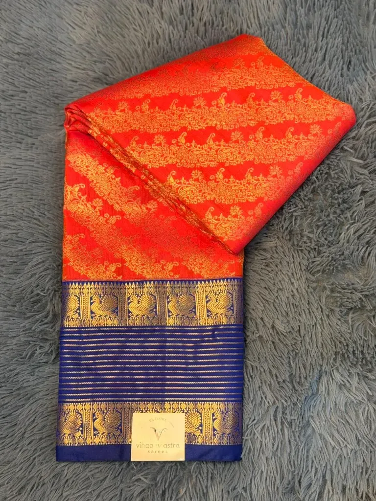 VV3499 Red Body With Blue Border Kanchipattu Saree