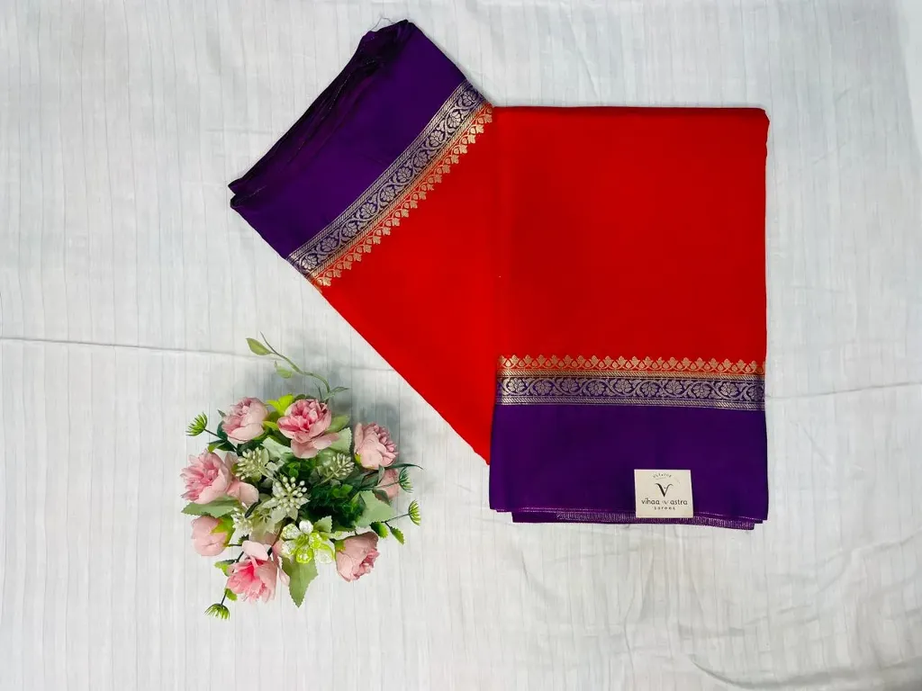 Red Body With Purple Border Banaras Soft Silk Saree