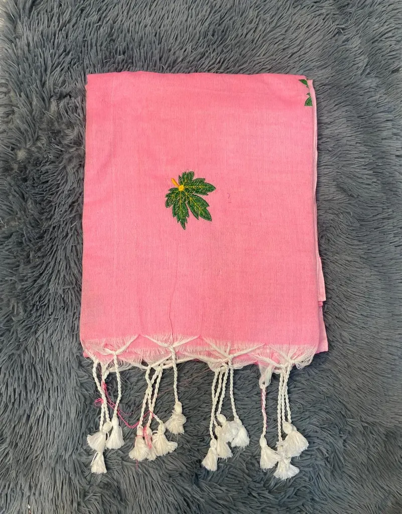 VV599 Light Pink Body With Green Leaf Embroidery Mul Cotton Saree