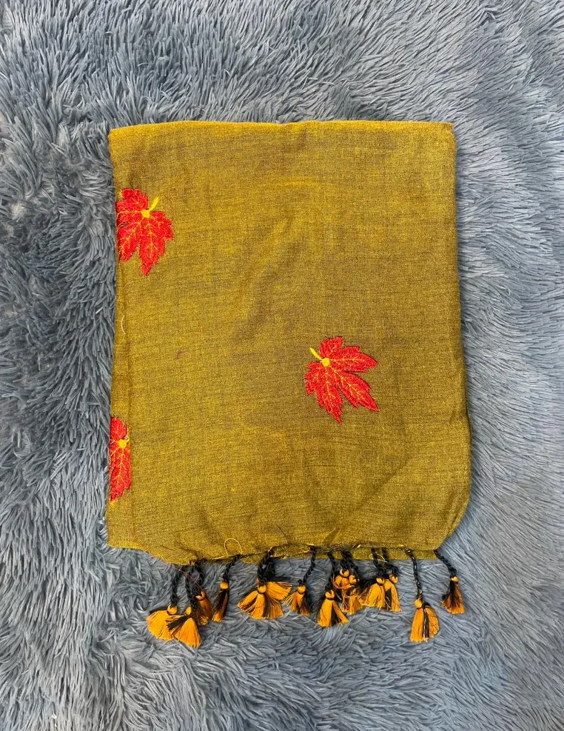 VV599 Olive Green Body With Red Leaf Embroidery Mul Cotton Saree