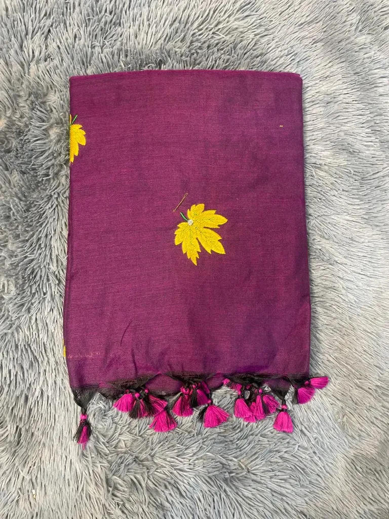 VV599 Purple Body With Yellow Leaf Embroidery Mul Cotton Saree