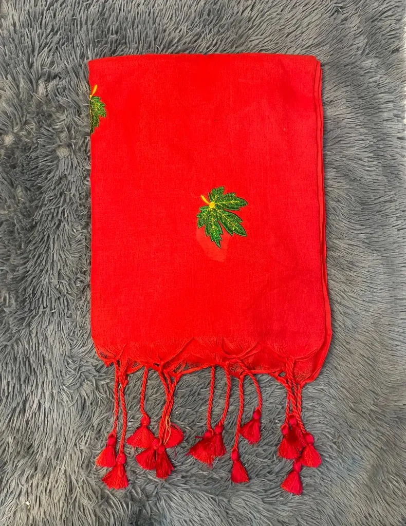 VV599 Red Body With Green Leaf Embroidery Mul Cotton Saree