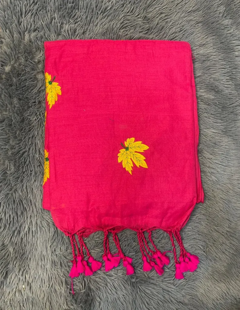 VV599 Light Pink Body With Yellow Leaf Embroidery Mul Cotton Saree