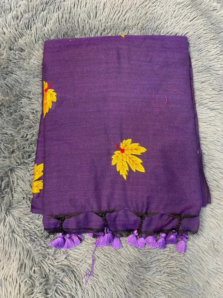 VV599 Purple Body With Yellow Leaf Embroidery Mul Cotton Saree