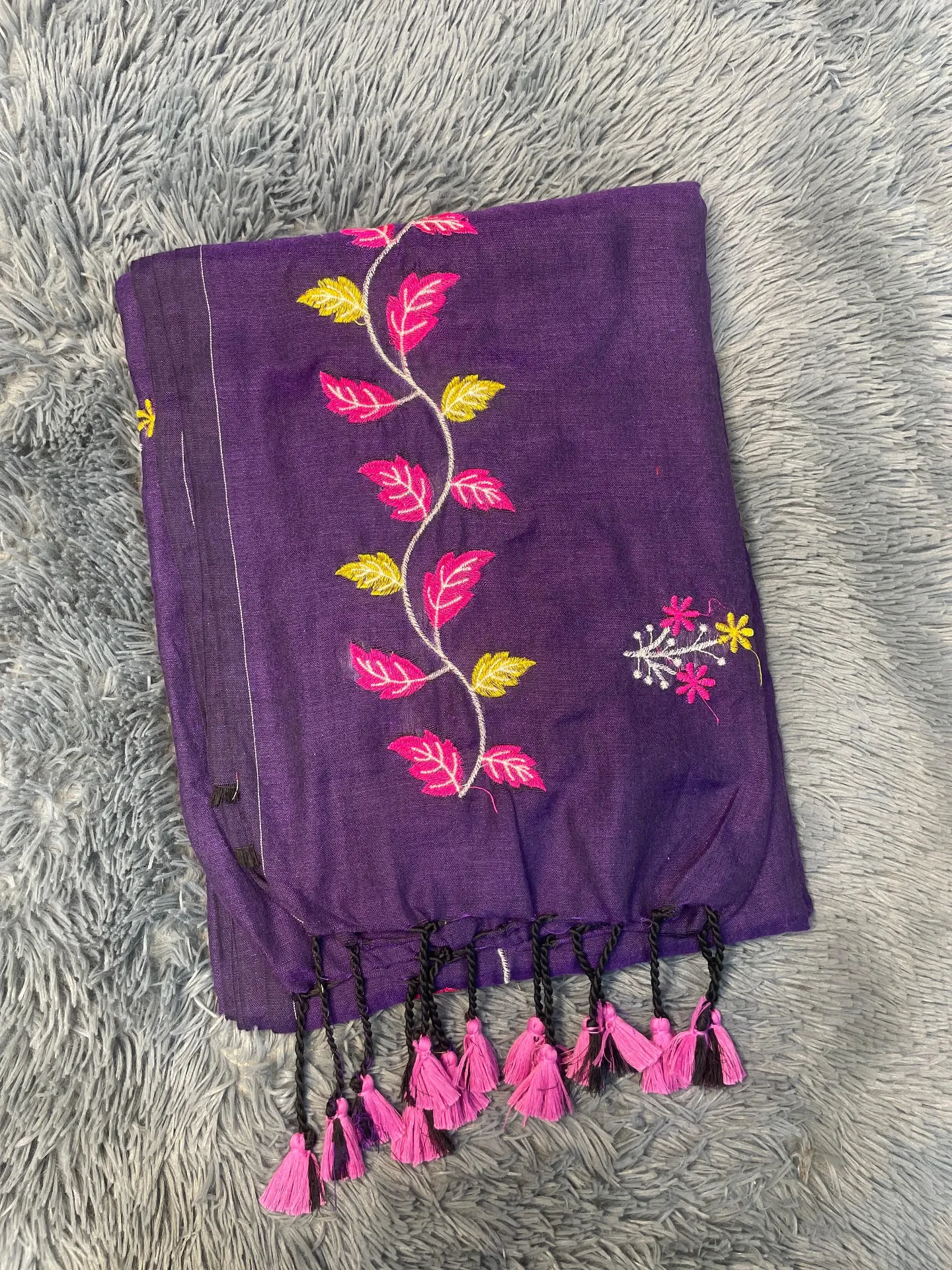 VV599 Purple Body With Pink And Yellow Leaf Embroidery Mul Cotton Saree