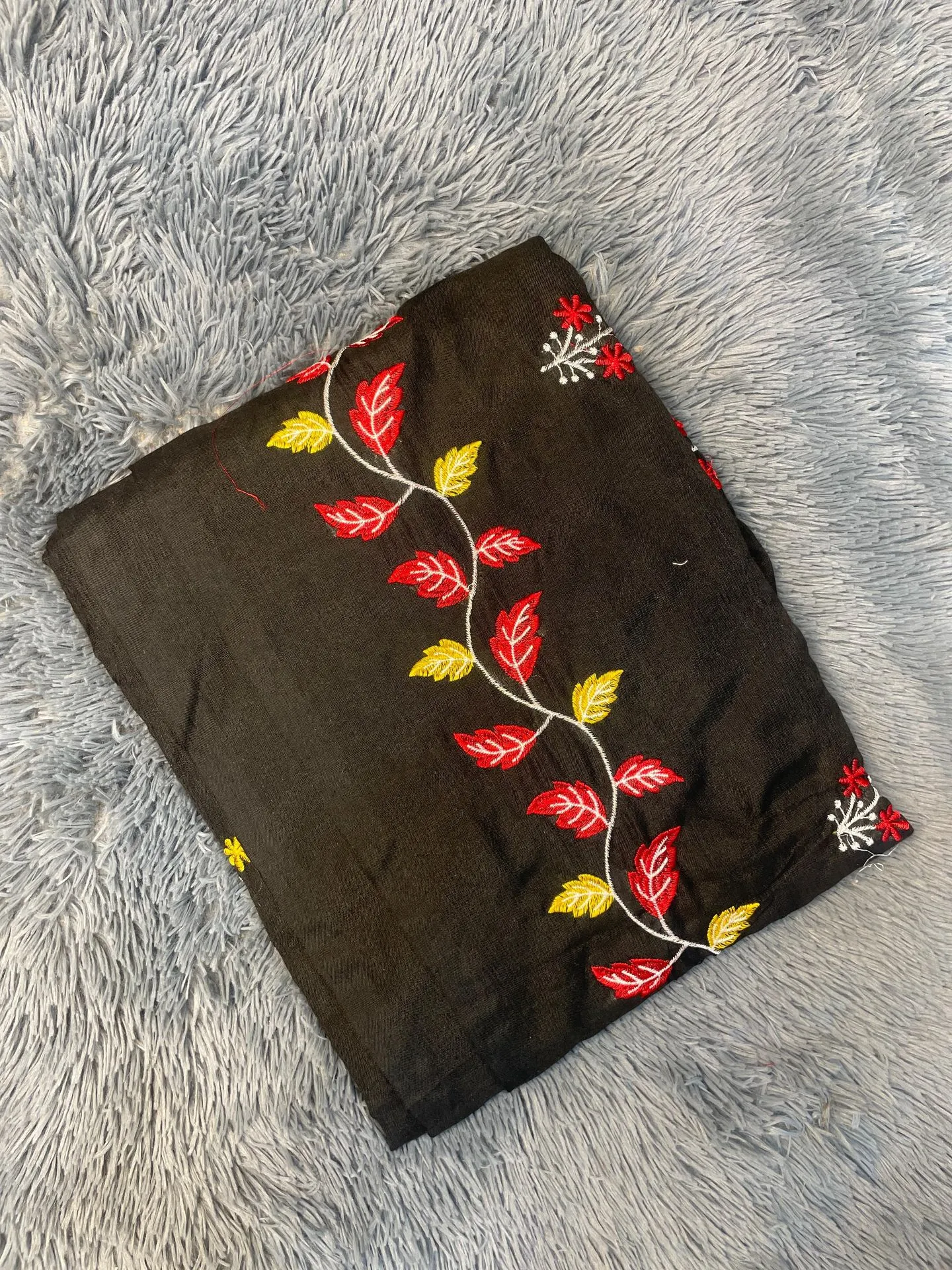 VV599 Black Body With Red And Yellow Leaf Embroidery Mul Cotton Saree