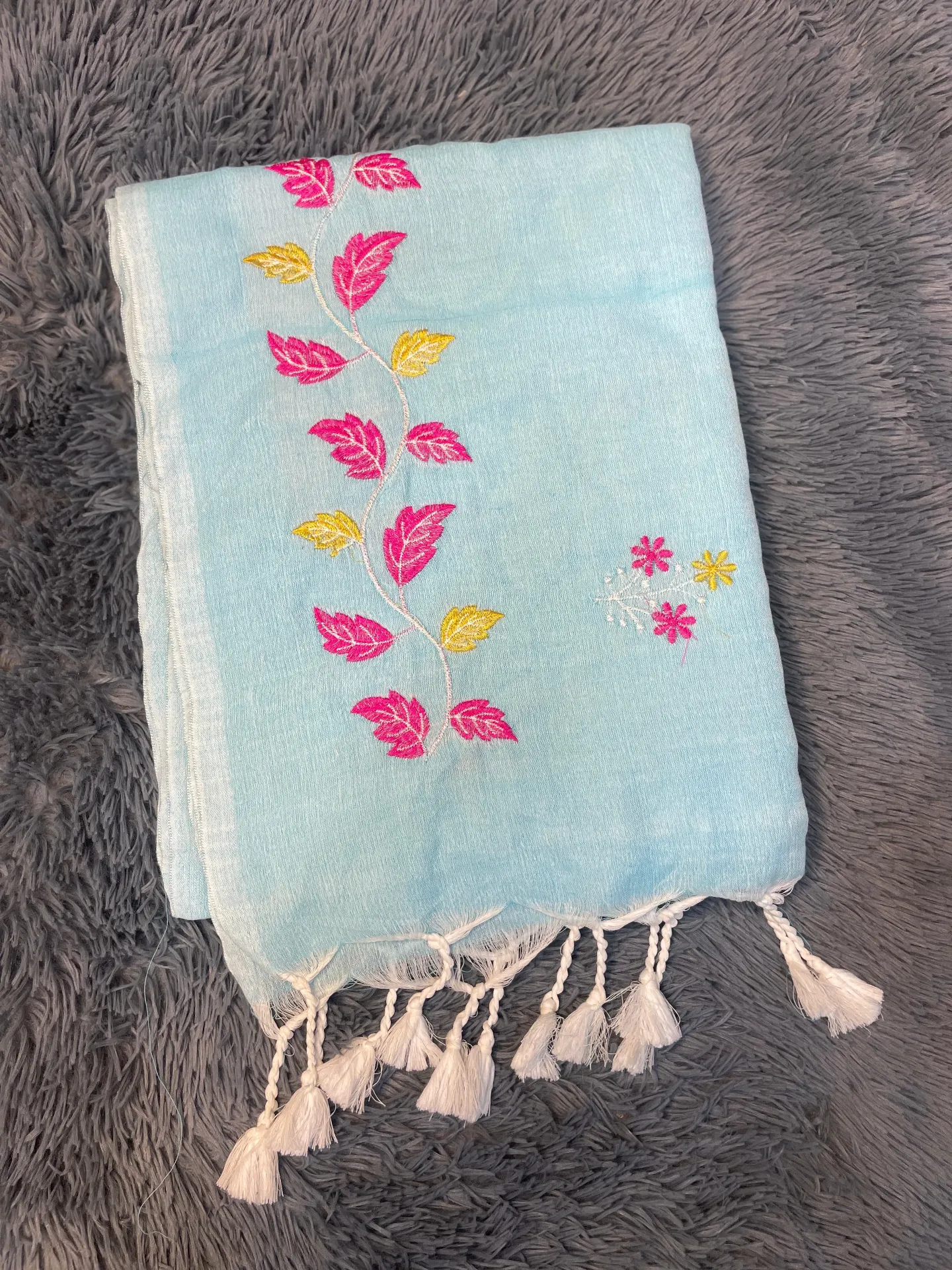VV599 Sky Blue Body With Pink And Yellow Leaf Embroidery Mul Cotton Saree