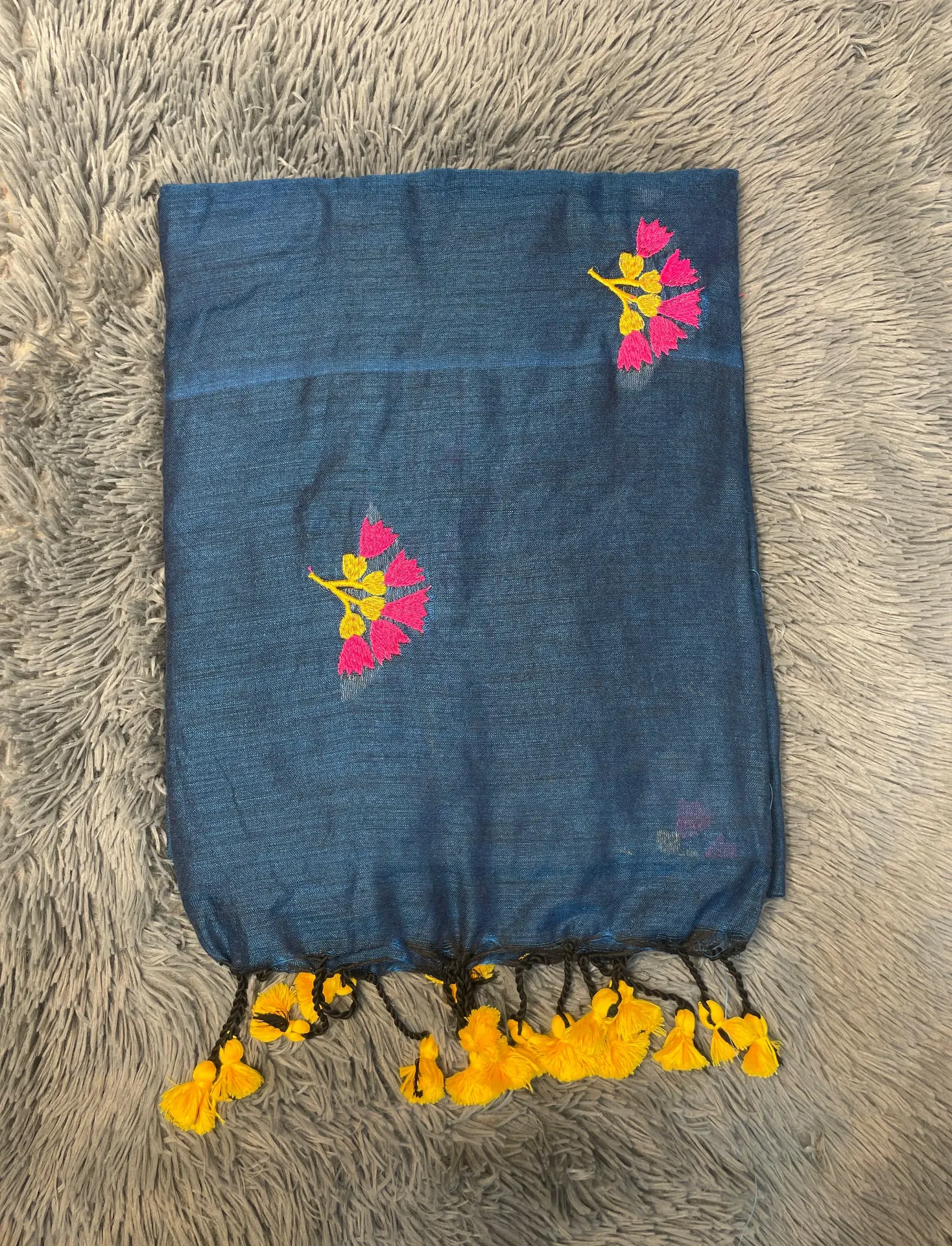 VV599 Blue Body With Pink And Yellow Flower Embroidery Mul Cotton Saree