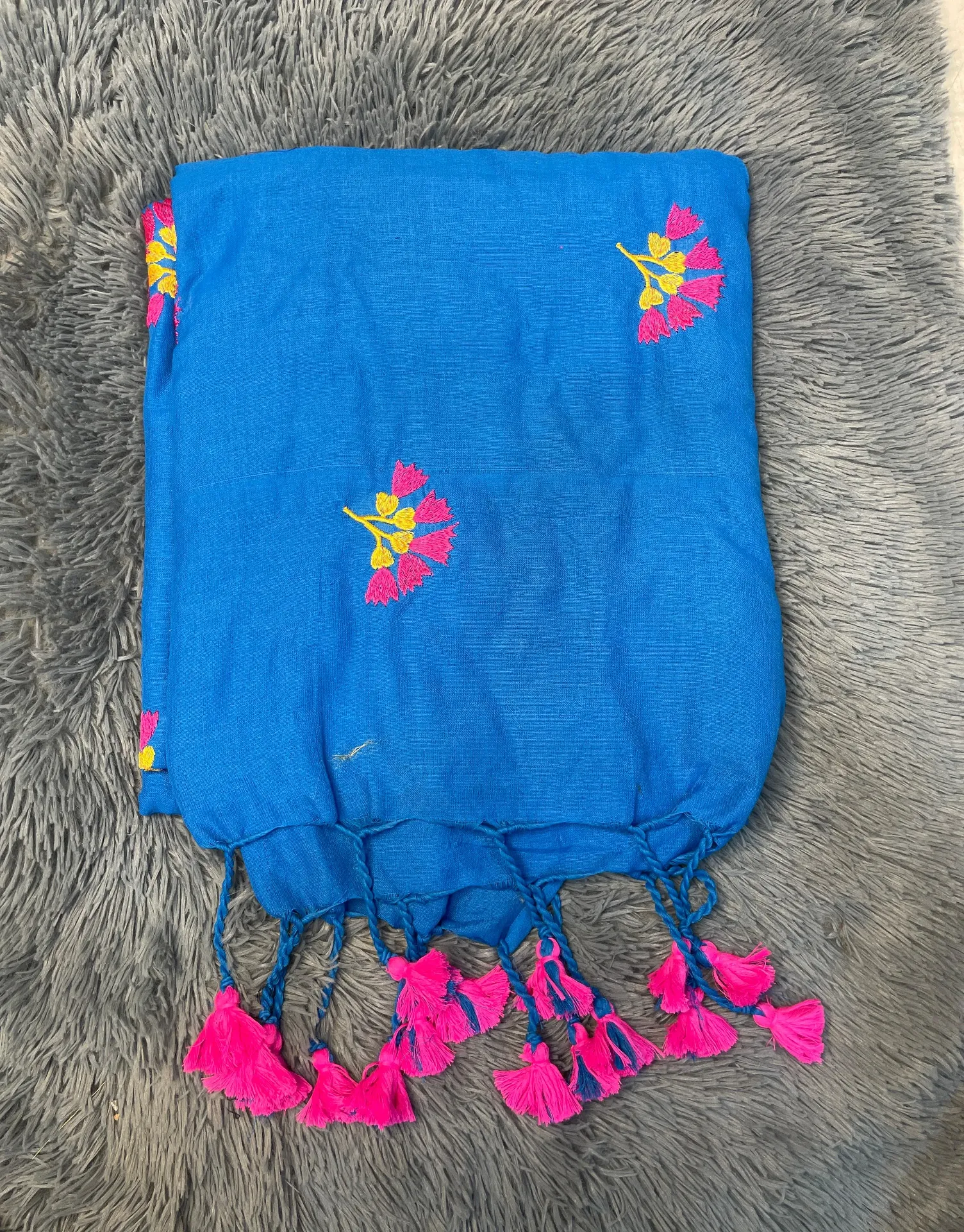 VV599 Dark Blue Body With Pink And Yellow Flower Embroidery Mul Cotton Saree