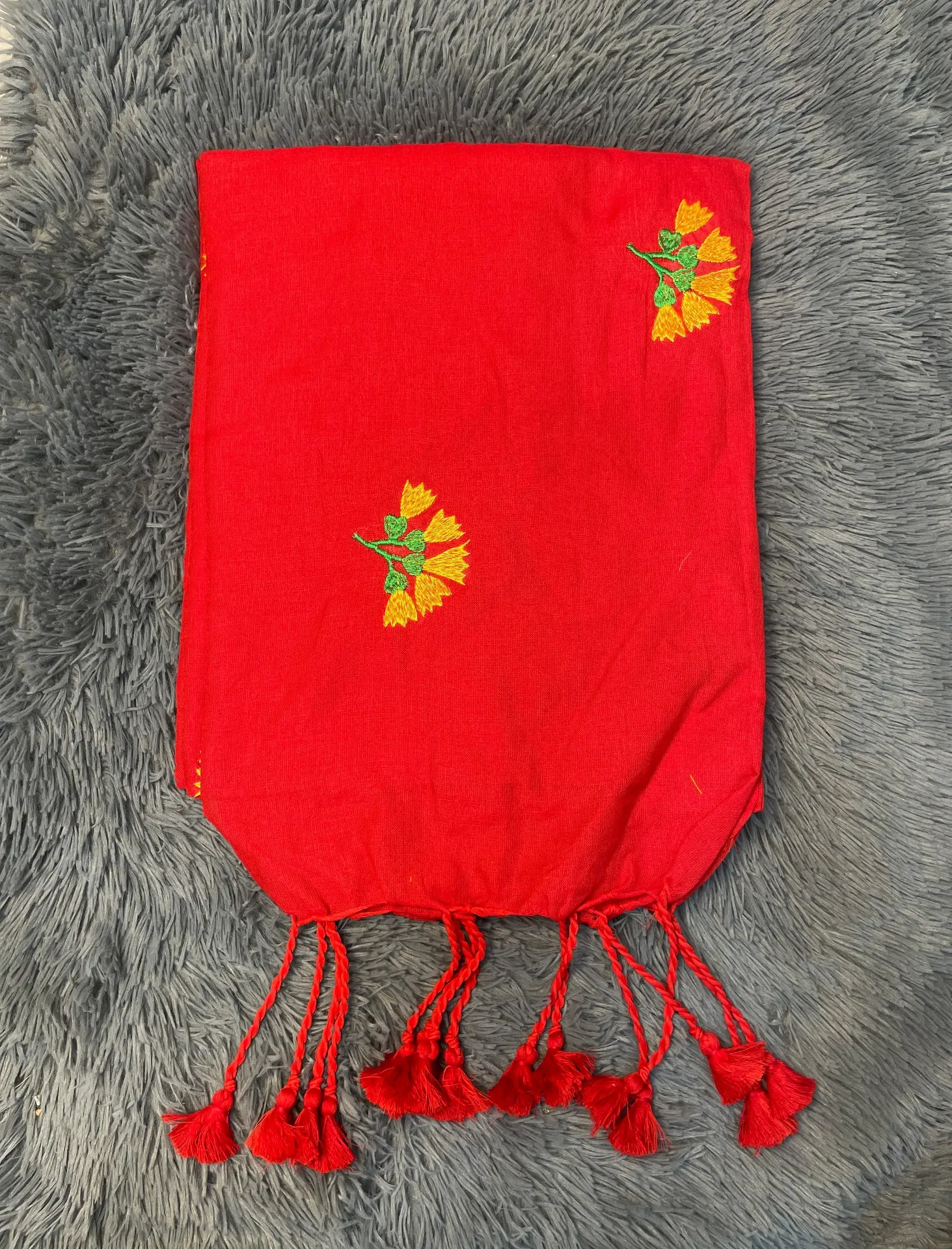 VV599 Red Body With Yellow And Green Flower Embroidery Mul Cotton Saree