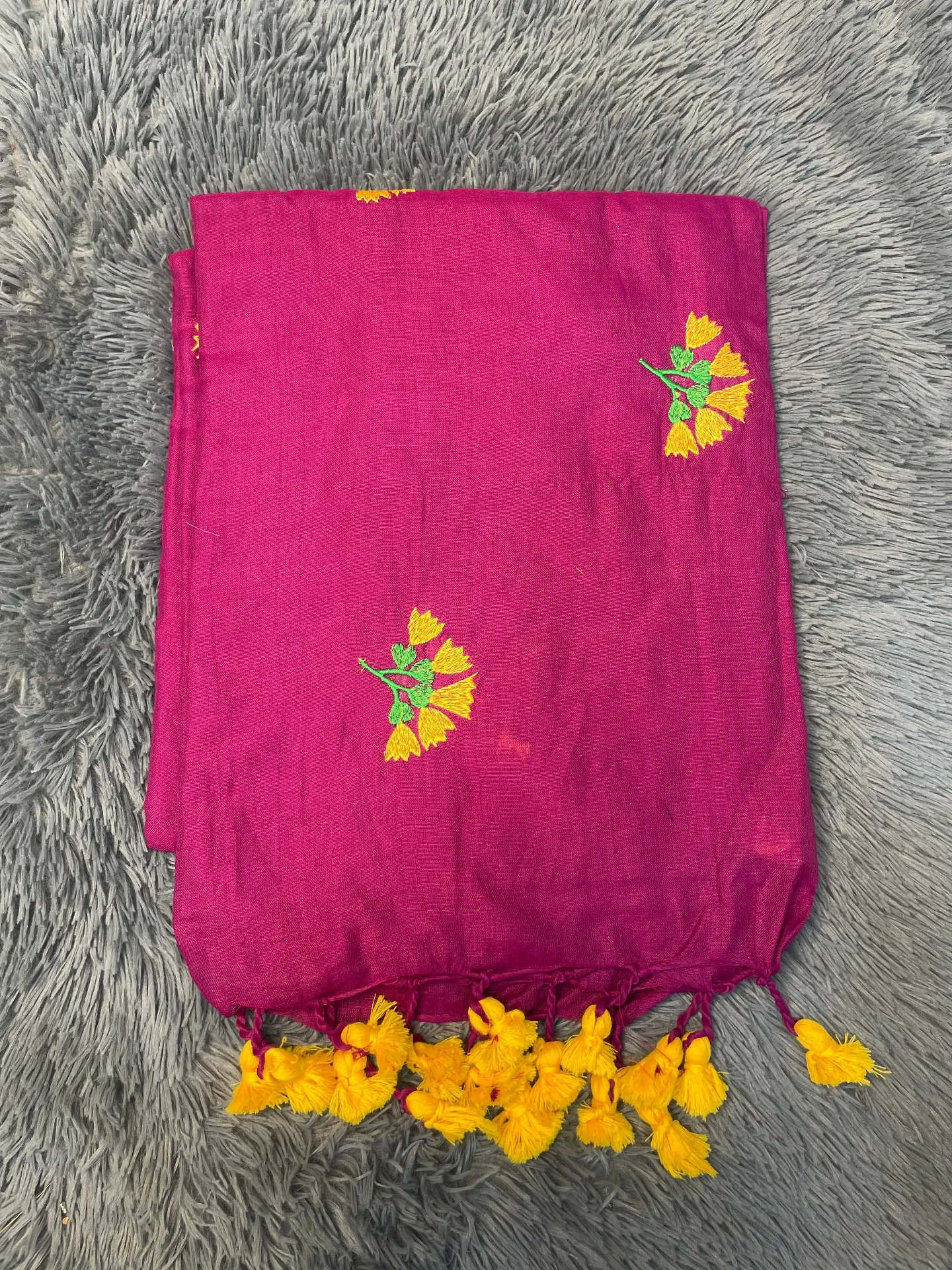 VV599 Pink Body With Yellow And Green Flower Embroidery Mul Cotton Saree