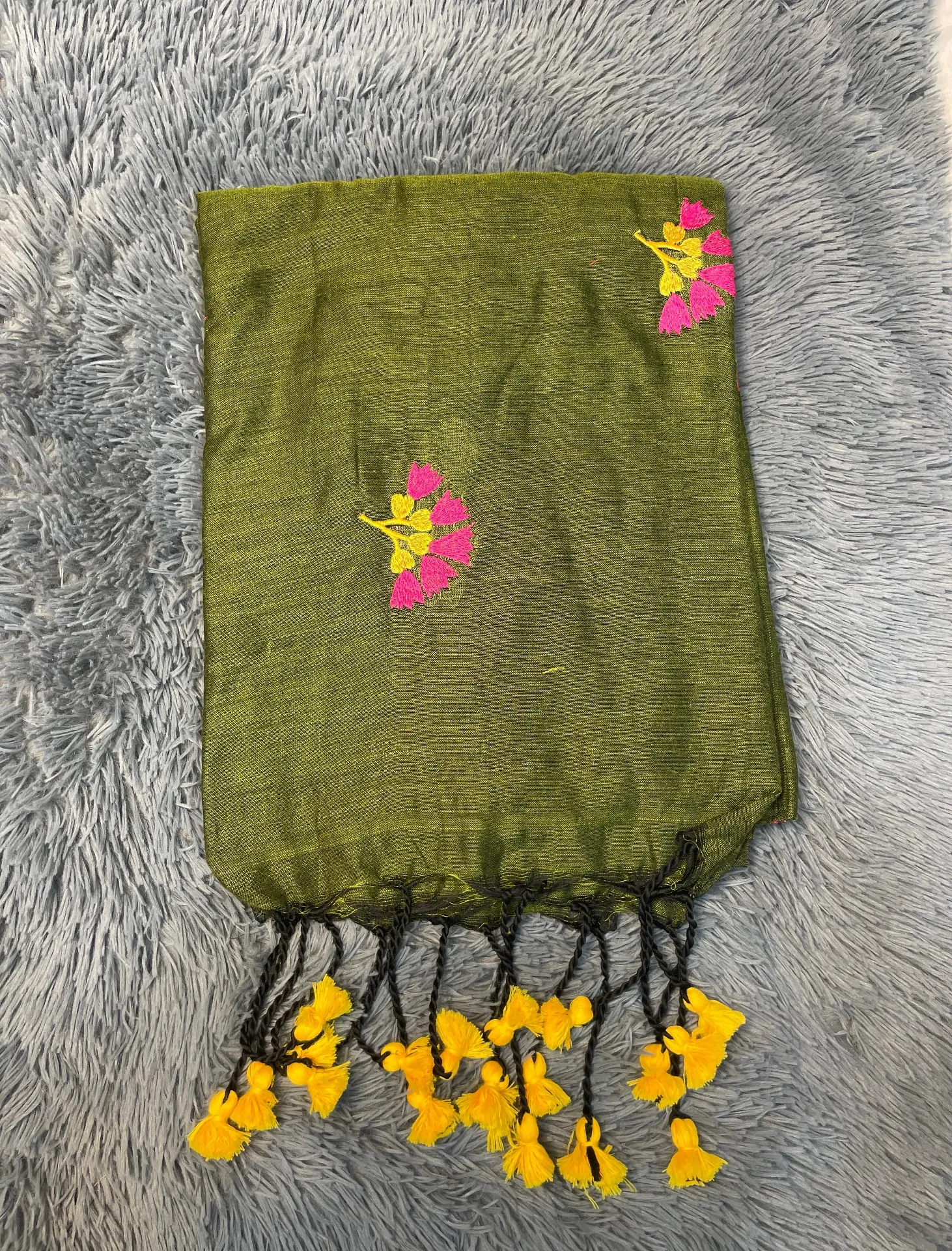 VV599 Olive Green Body With Pink And Yellow Flower Embroidery Mul Cotton Saree