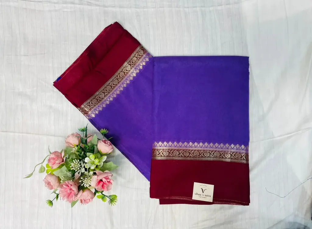 Purple Body With Maroon Border Banaras Soft Silk Saree