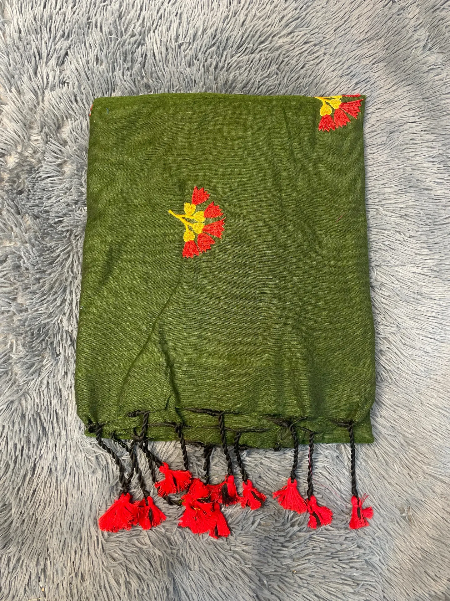 VV599 Dark Green Body With Red And Yellow Flower Embroidery Mul Cotton Saree