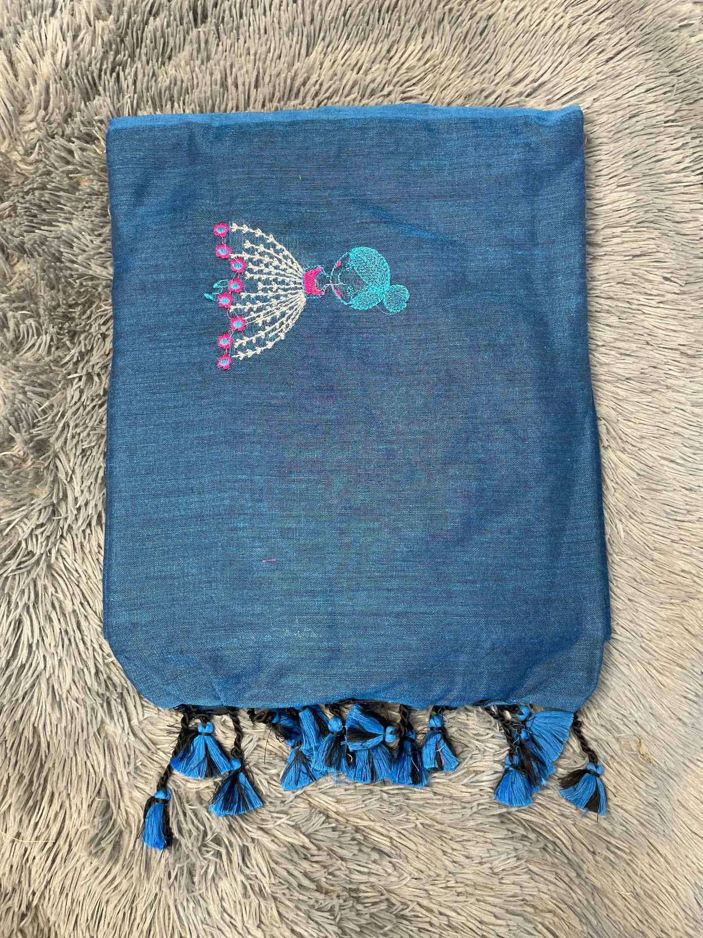 VV599 Blue Body With Baby Doll Embroidery Mul Cotton Saree