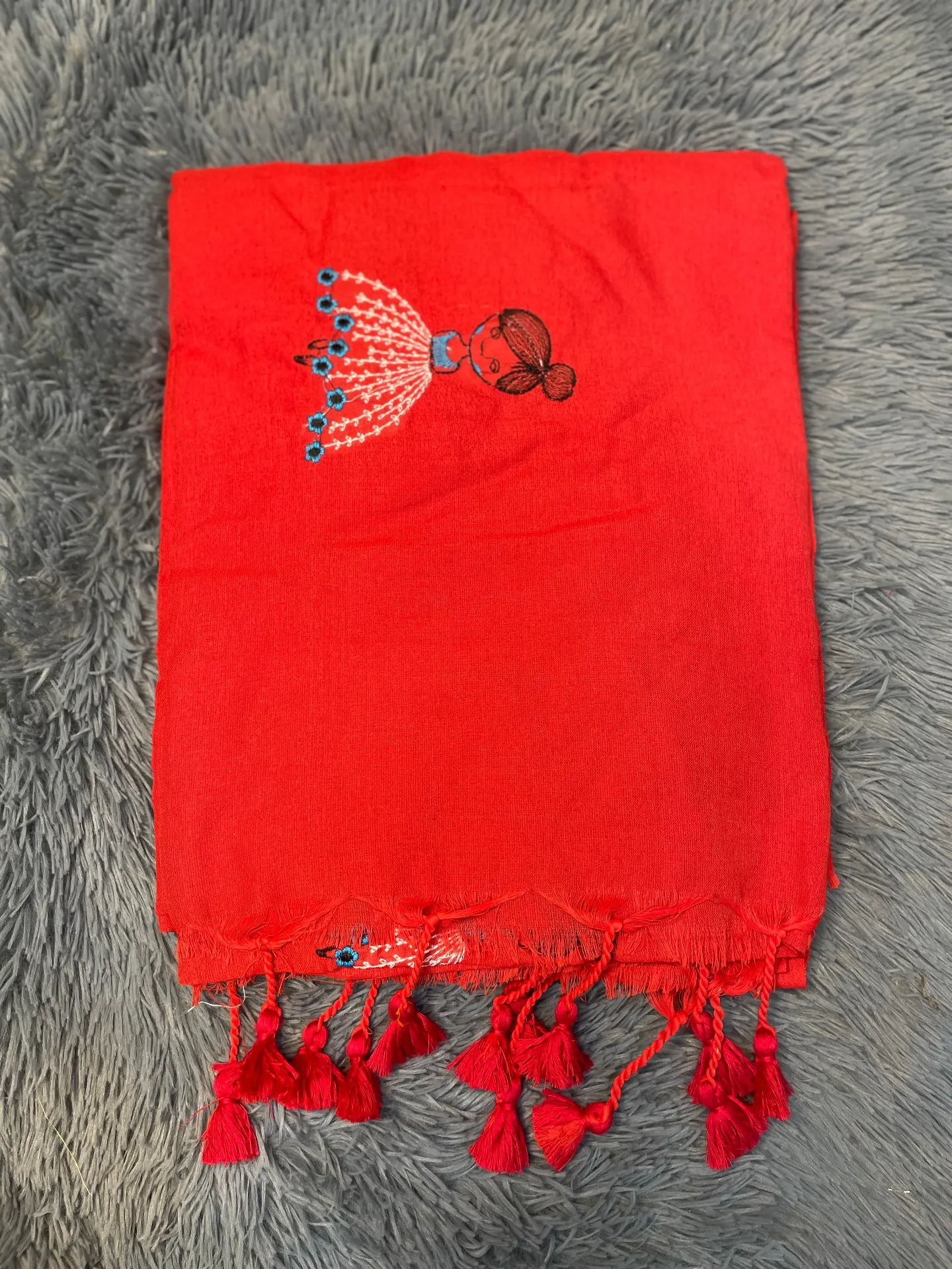 VV599 Red Body With Baby Doll Embroidery Mul Cotton Saree