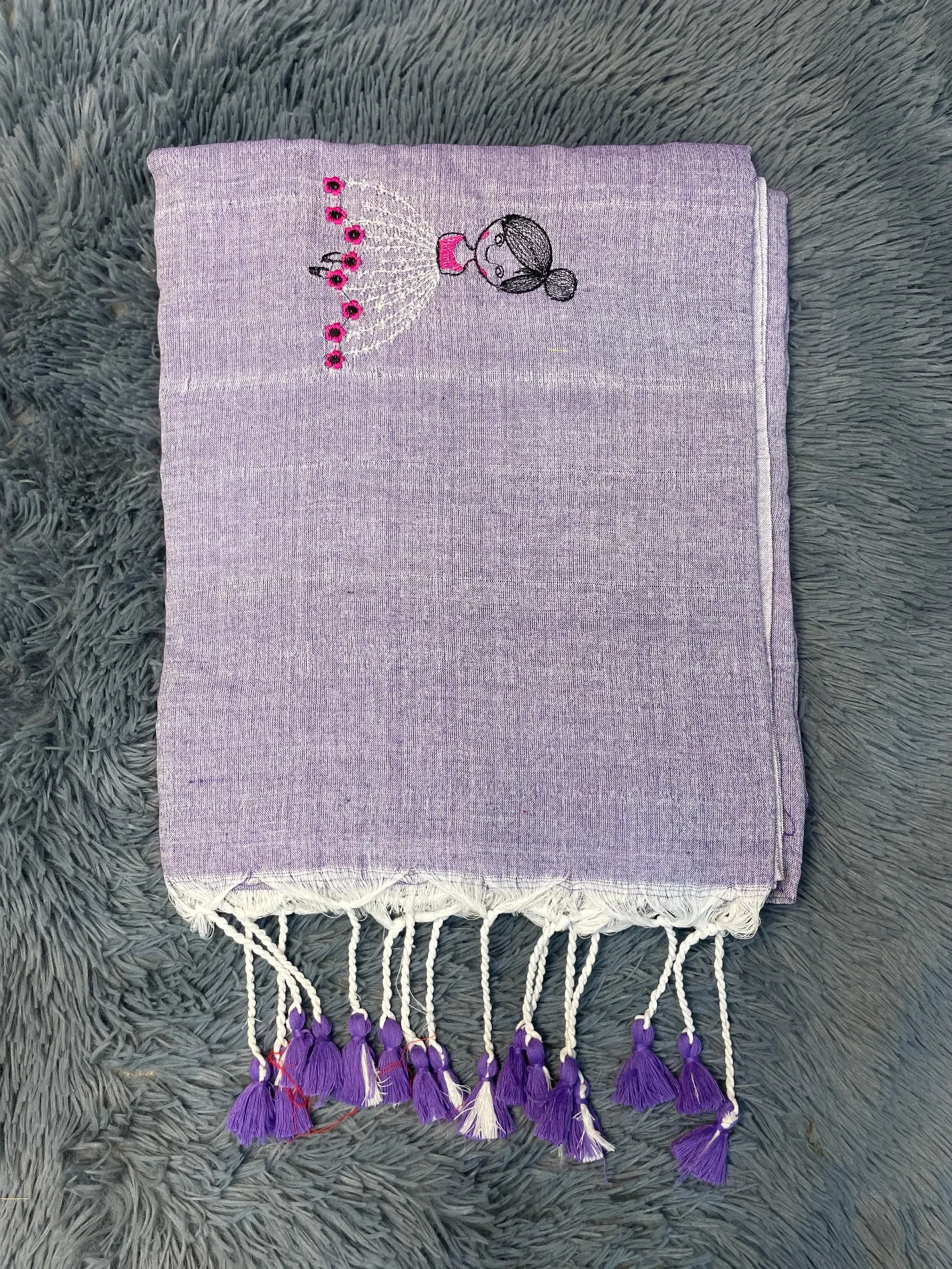 VV599 Light Purple Body With Baby Doll Embroidery Mul Cotton Saree