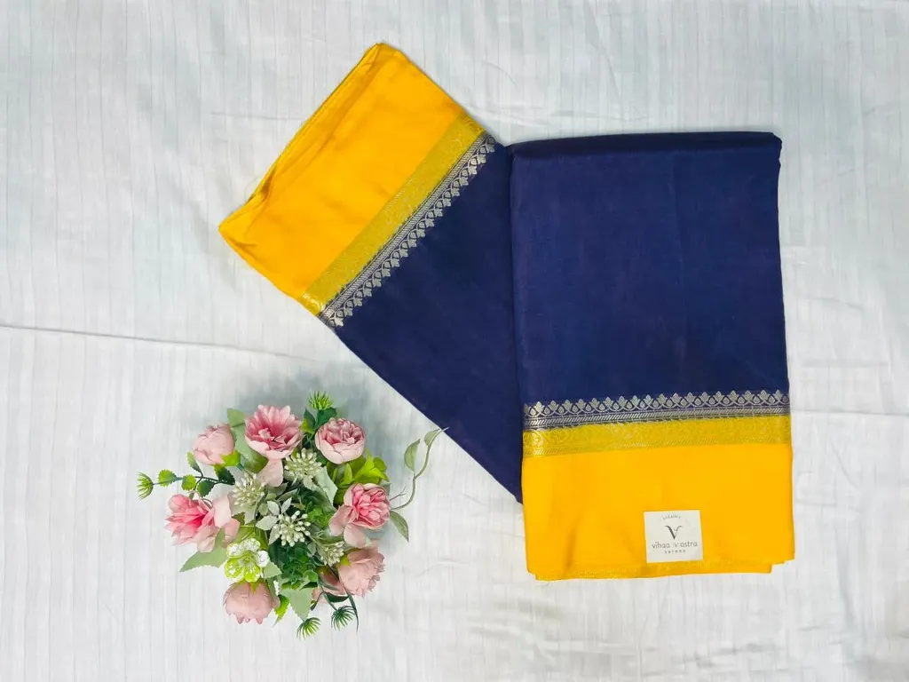 Dark Blue Body With Mustard Yellow Border Banaras Soft Silk Saree