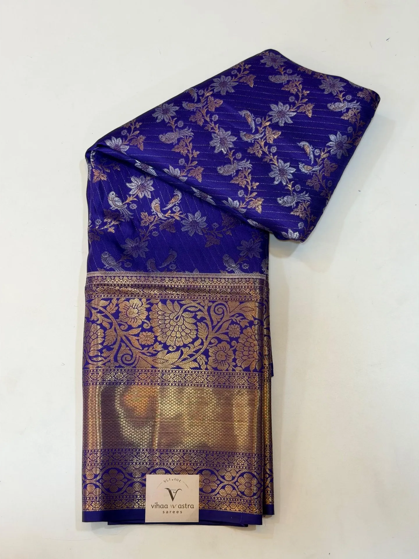 VVS089 Premium Semi Kanchipattu Royal Blue With Gold Zari Border Saree