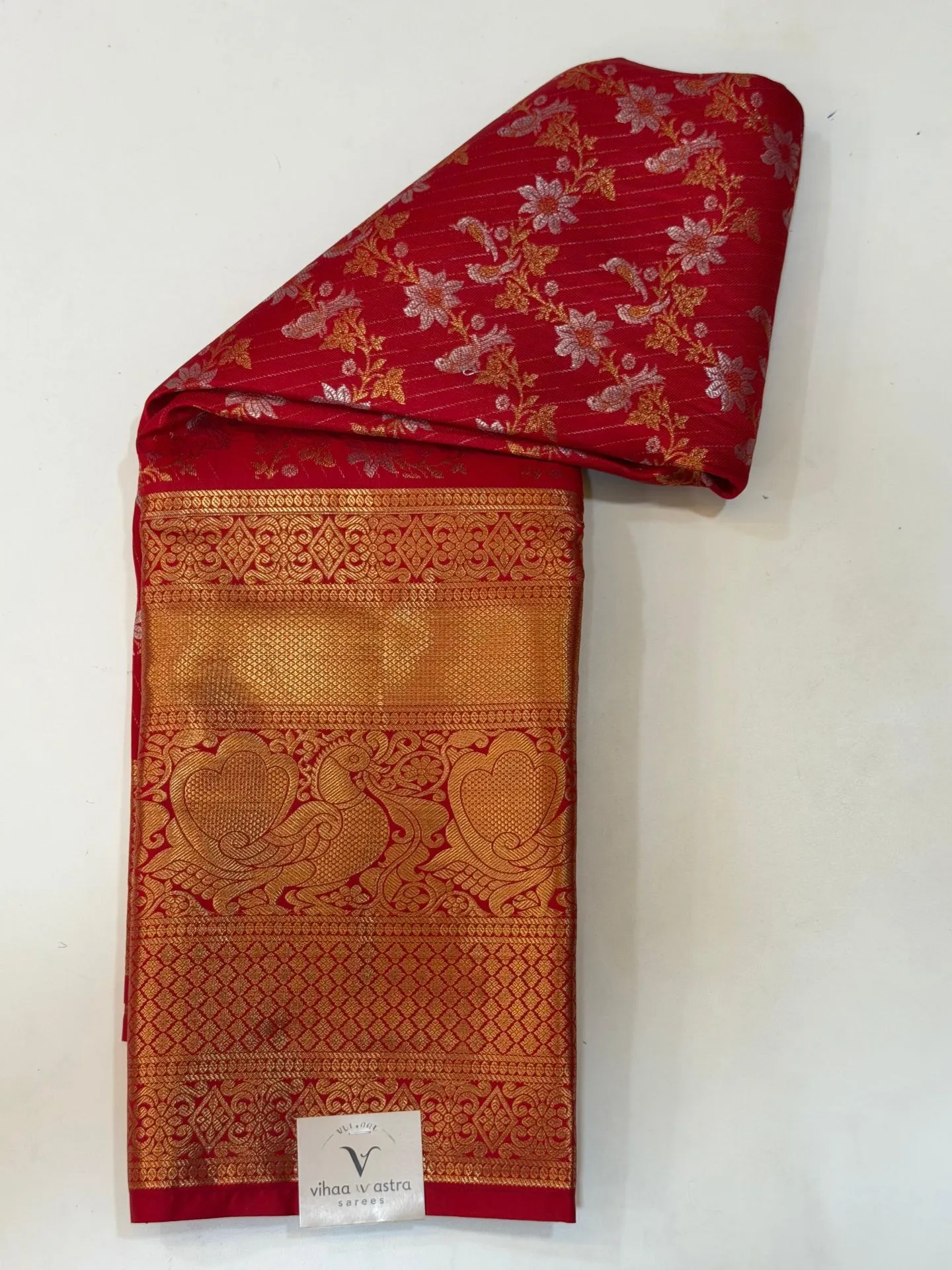 VVS089 Premium Semi Kanchipattu Red Body With Gold Zari Border Saree