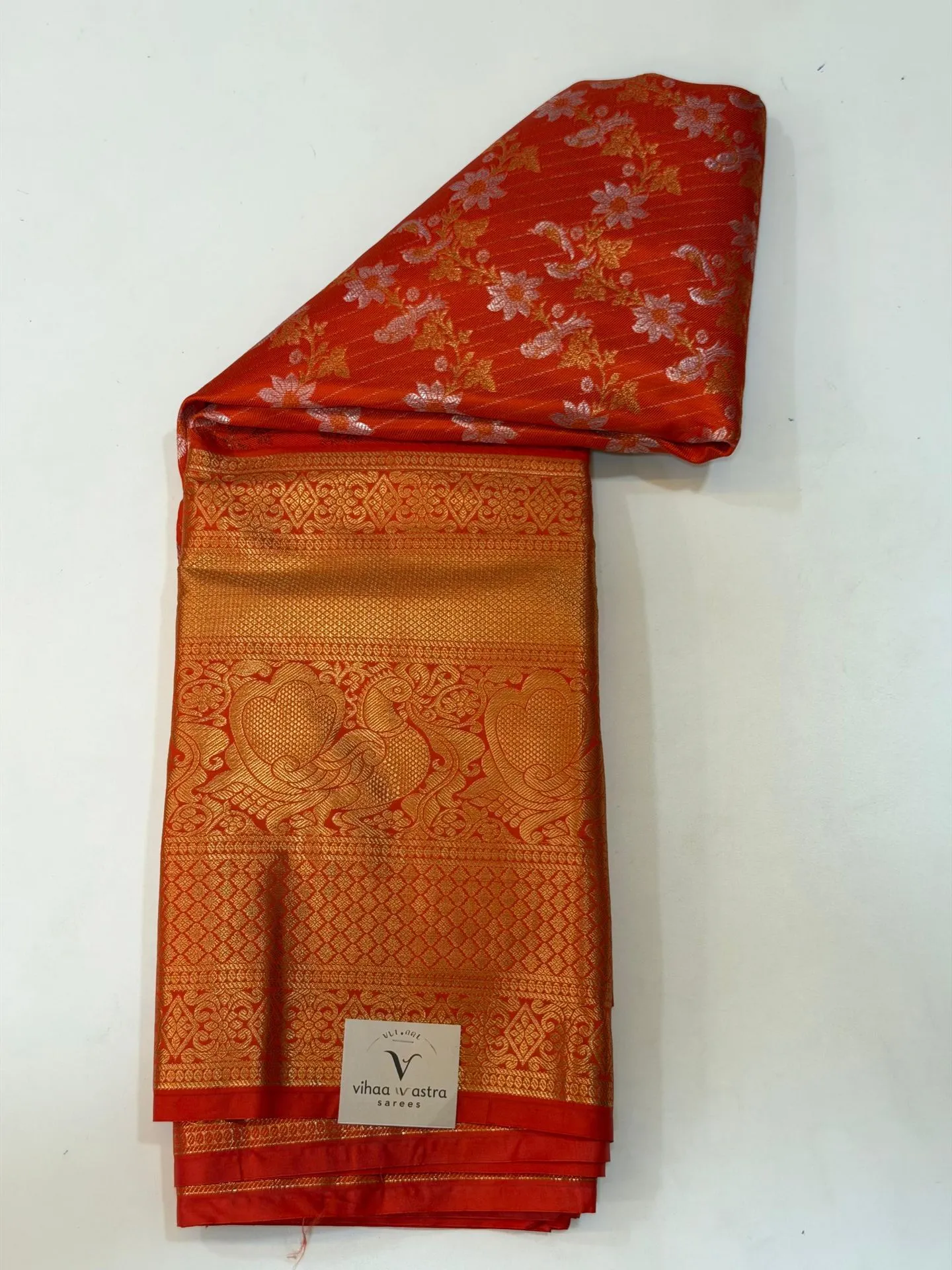 VVS089 Premium Semi Kanchipattu Orange With Gold Zari Border Saree