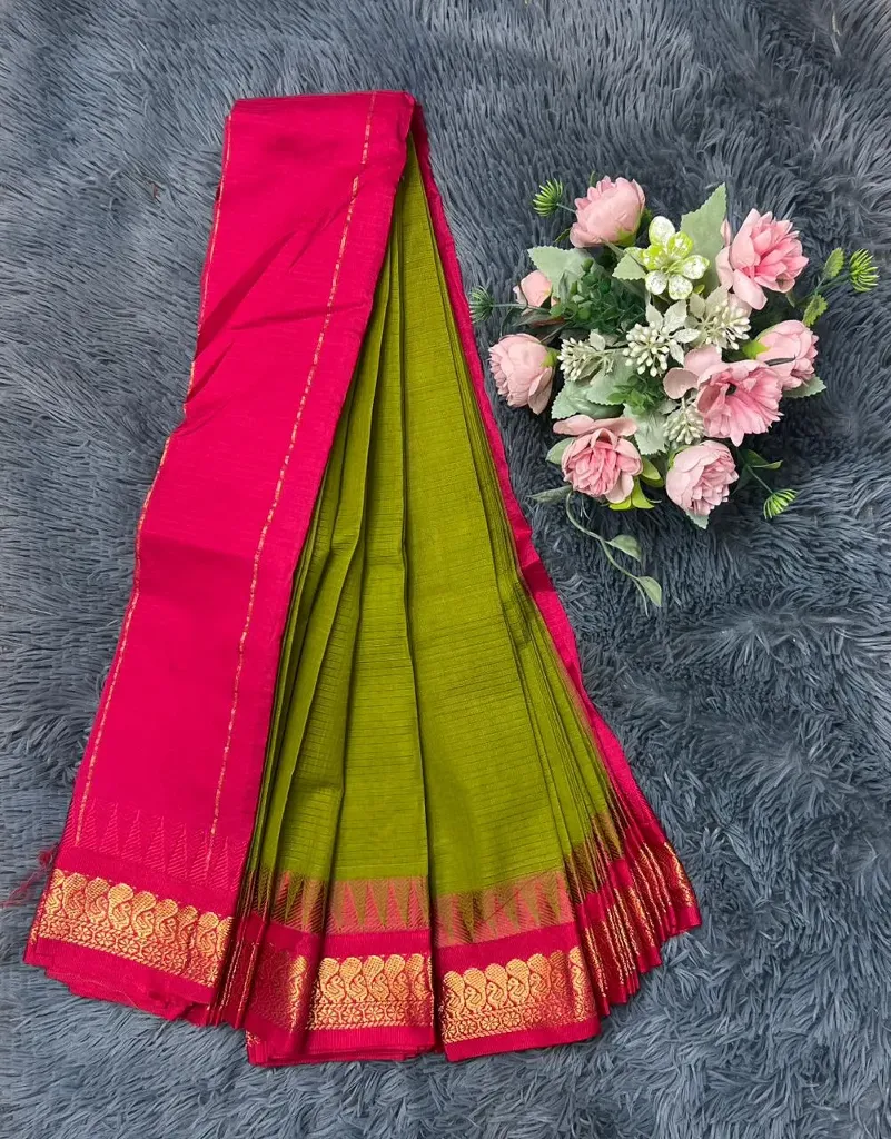 VVS090 Green Body With Hot Pink Border Cotton Saree