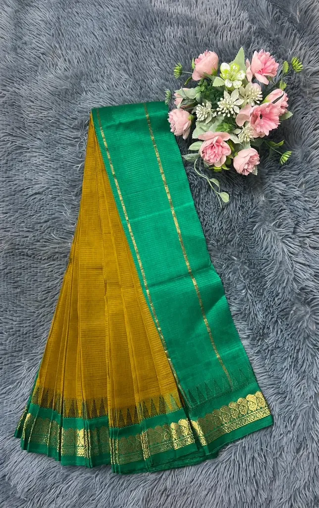 VVS090 Mustard Yellow Body With Green Border Cotton Saree