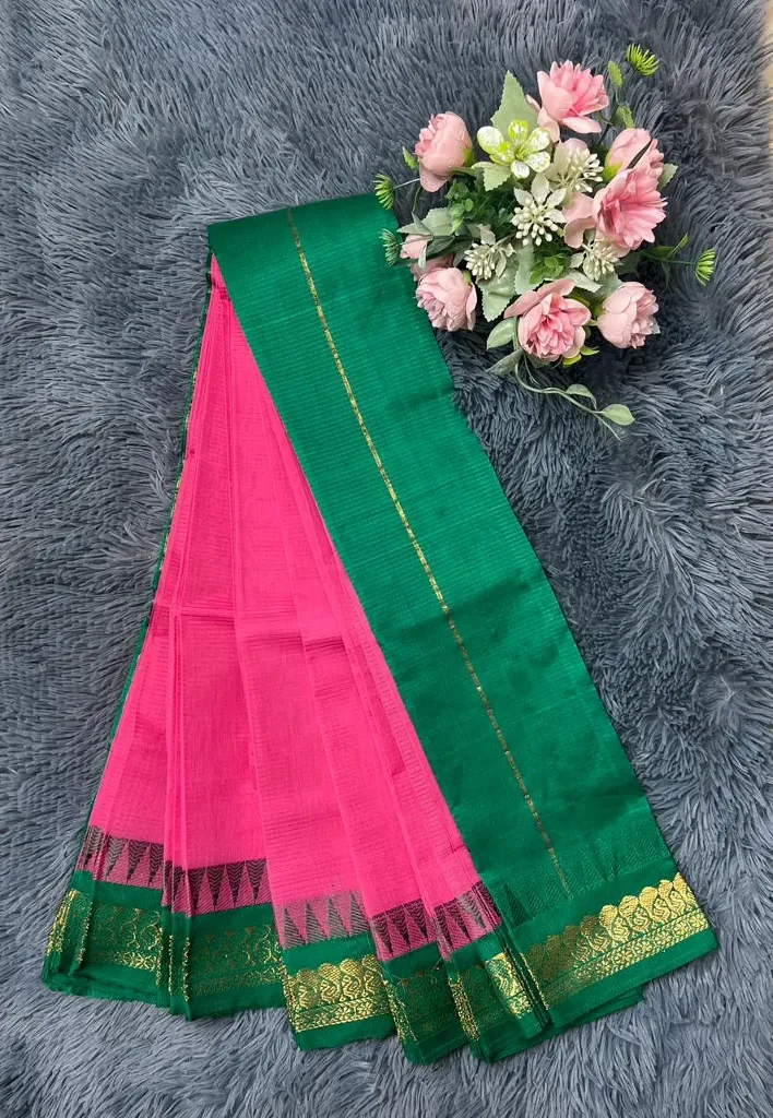 VVS090 Pink Body With Green Border Cotton Saree