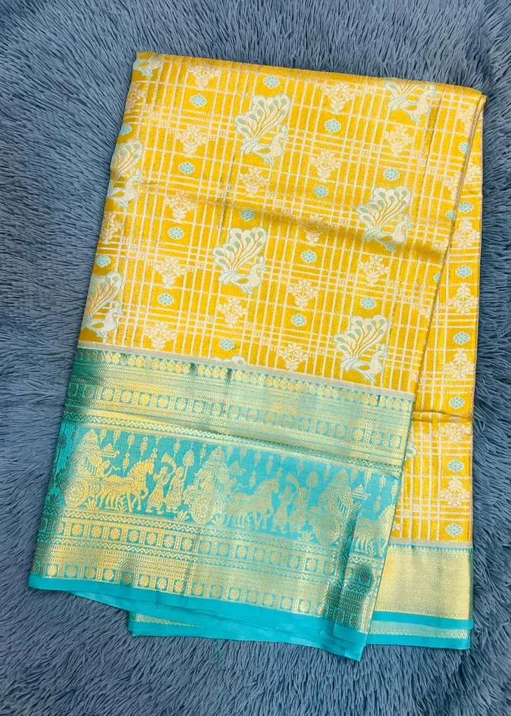 VVS089 Striking Yellow And Turquoise Blue Colour Border Combination Semi Kanchipattu Saree
