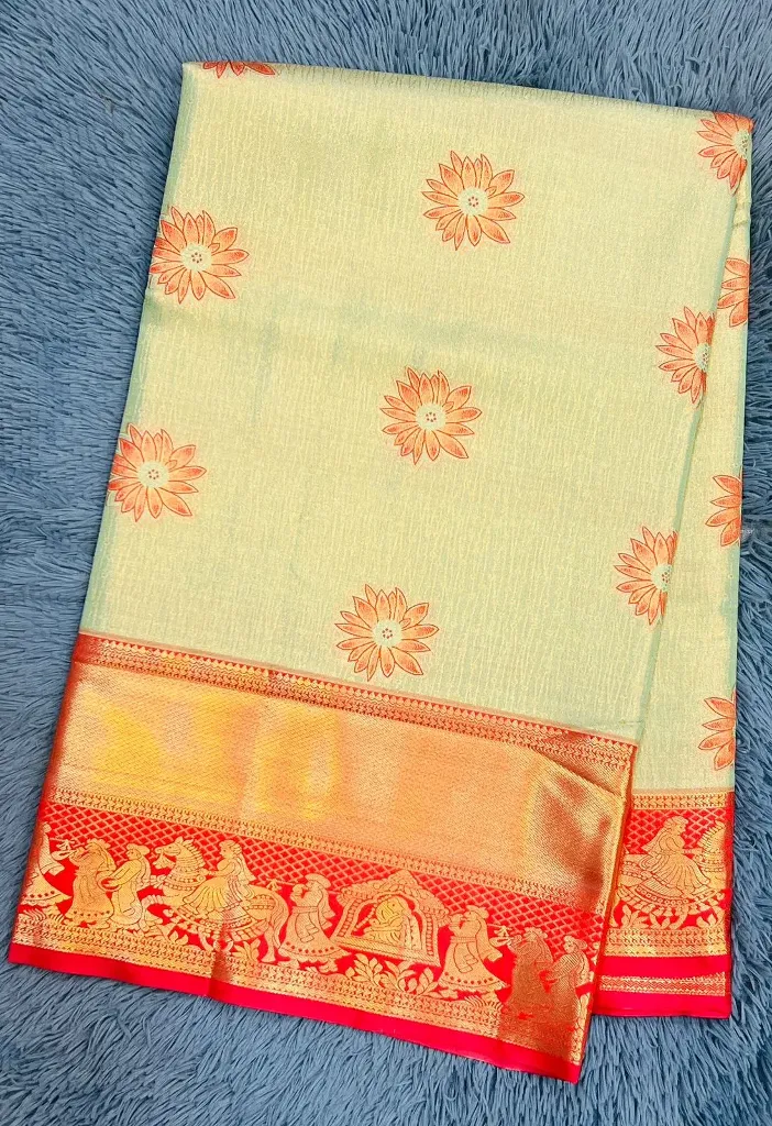 VVS089 Striking Light Yellow And Orange-Red Combinaton Semi Kanchipattu Saree
