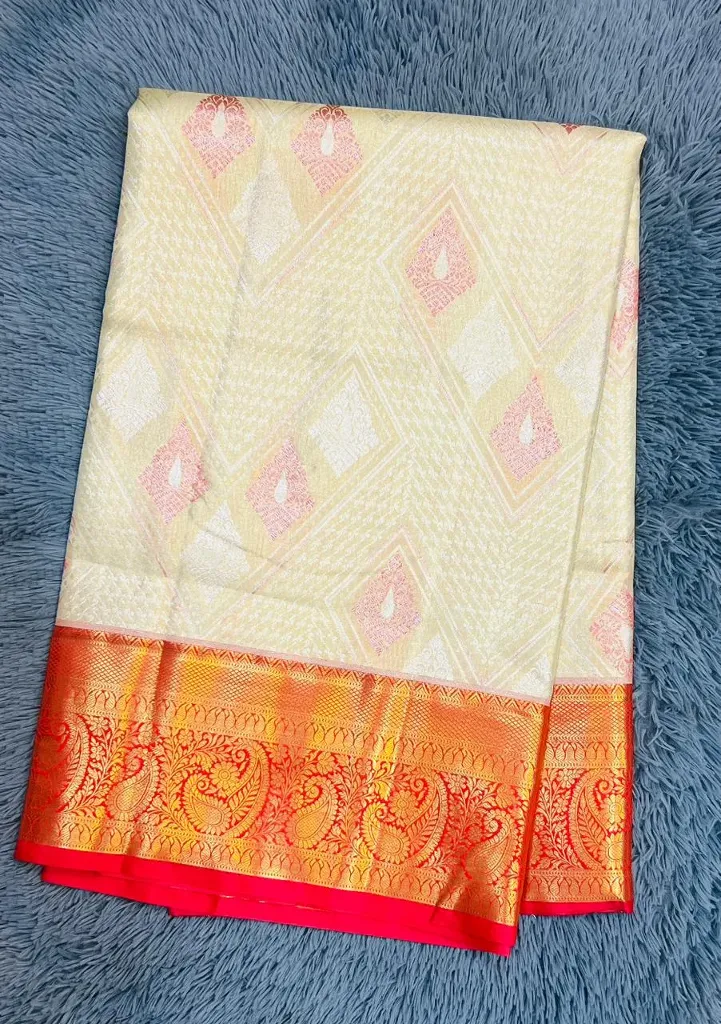 VVS089 Cream Body With Red Border Semi Kanchipattu Saree